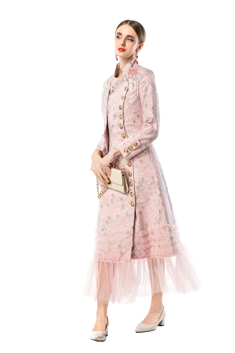 Pink Jacquard Qipao Style Dress with Fringe Shoulder Details & Tulle Hem SP10111