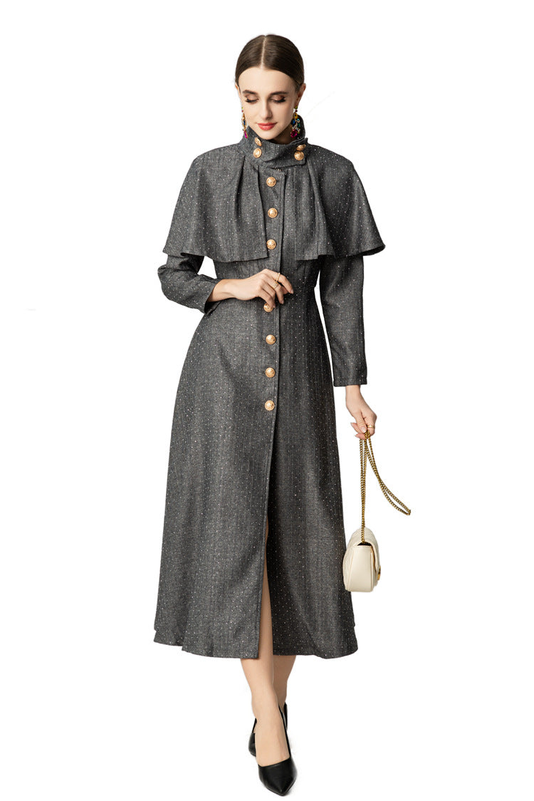 High Collar Cape Overlay Gold Button Front Slit Maxi Dress SP10060
