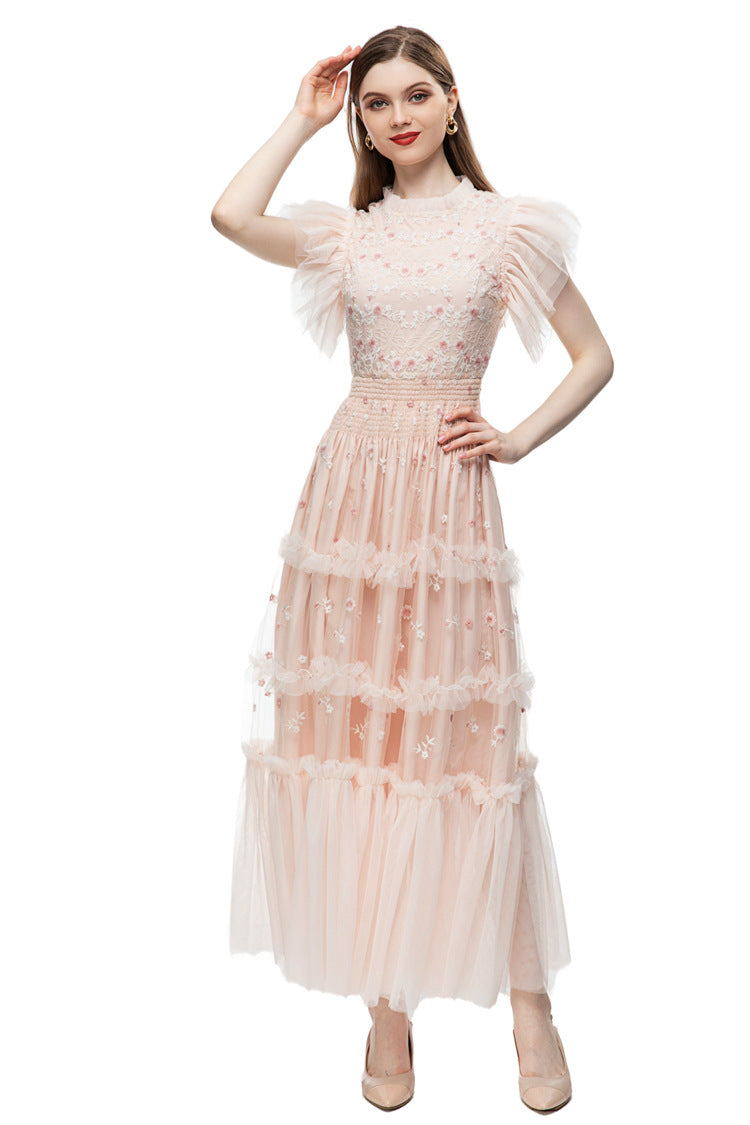 Pink Floral Embroidered Tulle Ruffled Sleeve Midi Dress – French Luxury SP10004