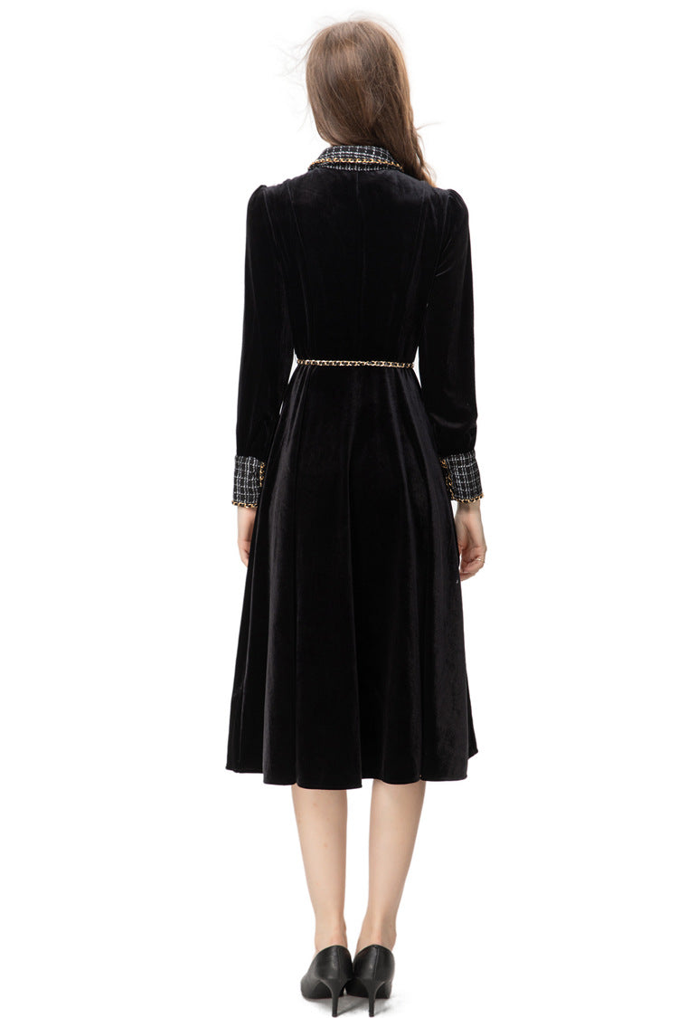 Black Velvet Tweed Trim Midi Dress – French Style Slim Fit Fall Dress