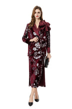 Burgundy Velvet Sequin Floral Blazer & Pencil Skirt Set SP10020