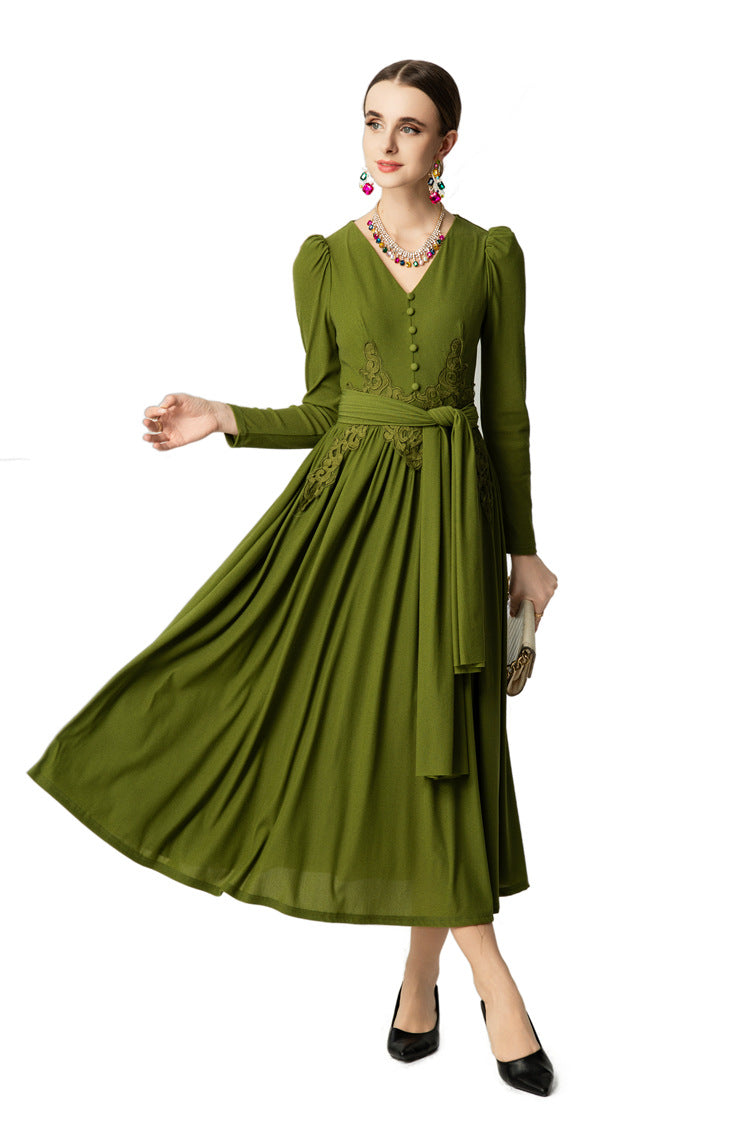 V-Neck Puff Sleeve Waist Embroidery Flared Midi Dress SP10059