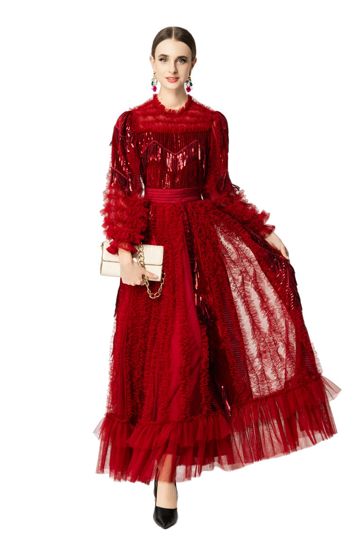 Red Fringe Sequin Tiered Tulle Maxi Dress SP10054