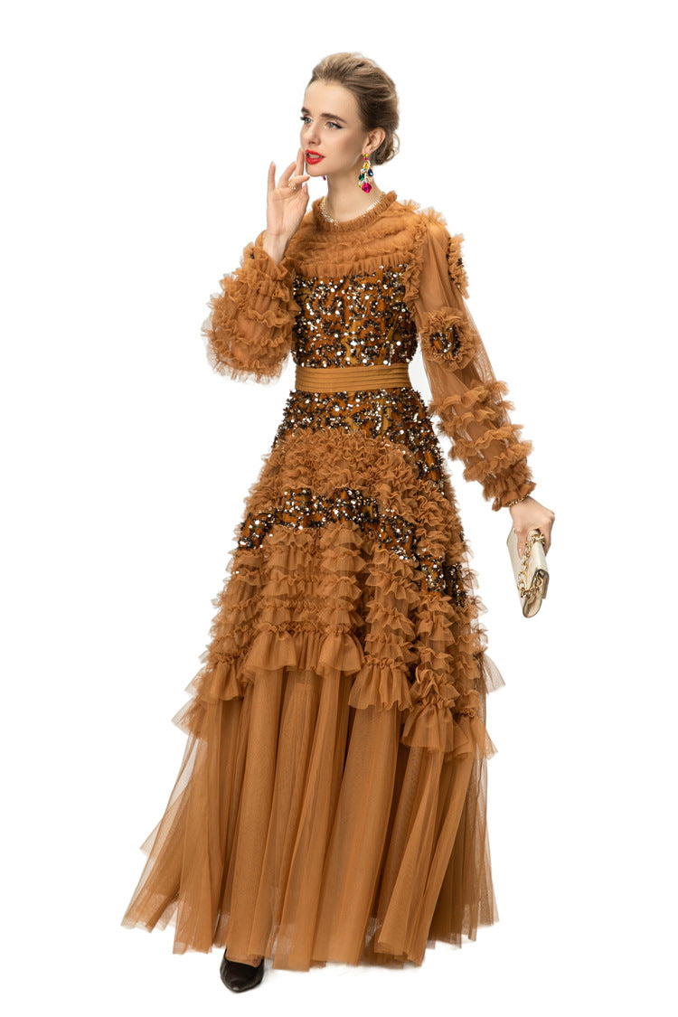 Caramel Sequin Ruffled Tulle Tiered Maxi Gown – Formal Evening Dress SP10005