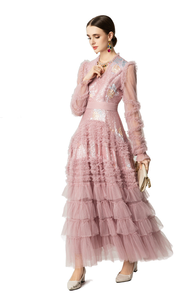 Sequin Embroidery Tiered Tulle Maxi Dress with Ruffled V-Neck SP10055