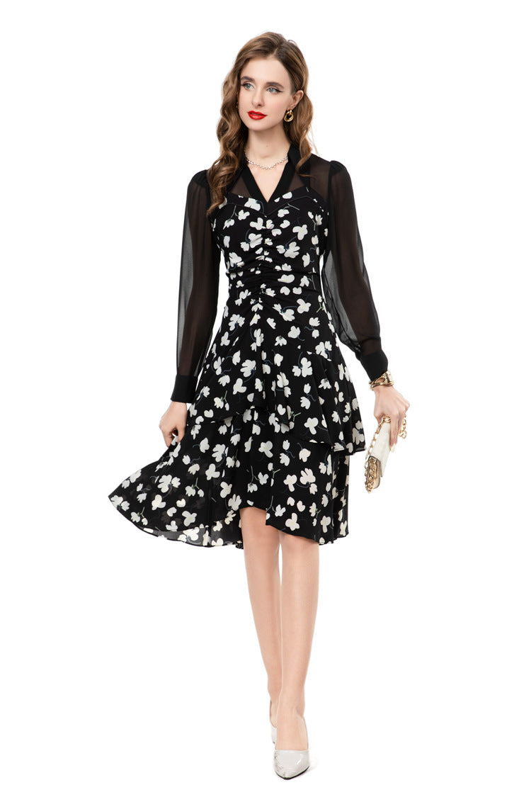 Black Floral Chiffon Sheer Sleeve Midi Dress SP10025