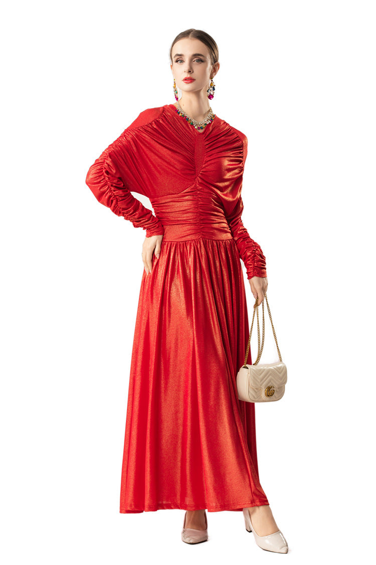Metallic Ruched Waist Flared Maxi Dress SP10087