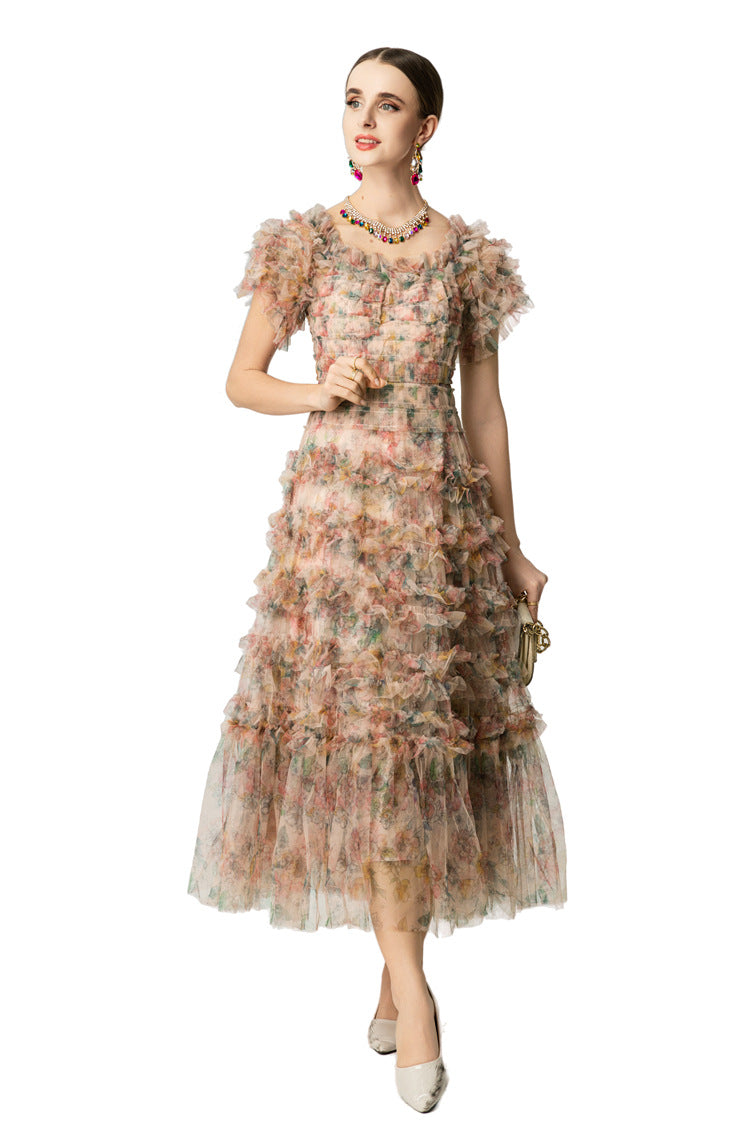 Floral Print Tiered Ruffle Tulle Midi Dress SP10042
