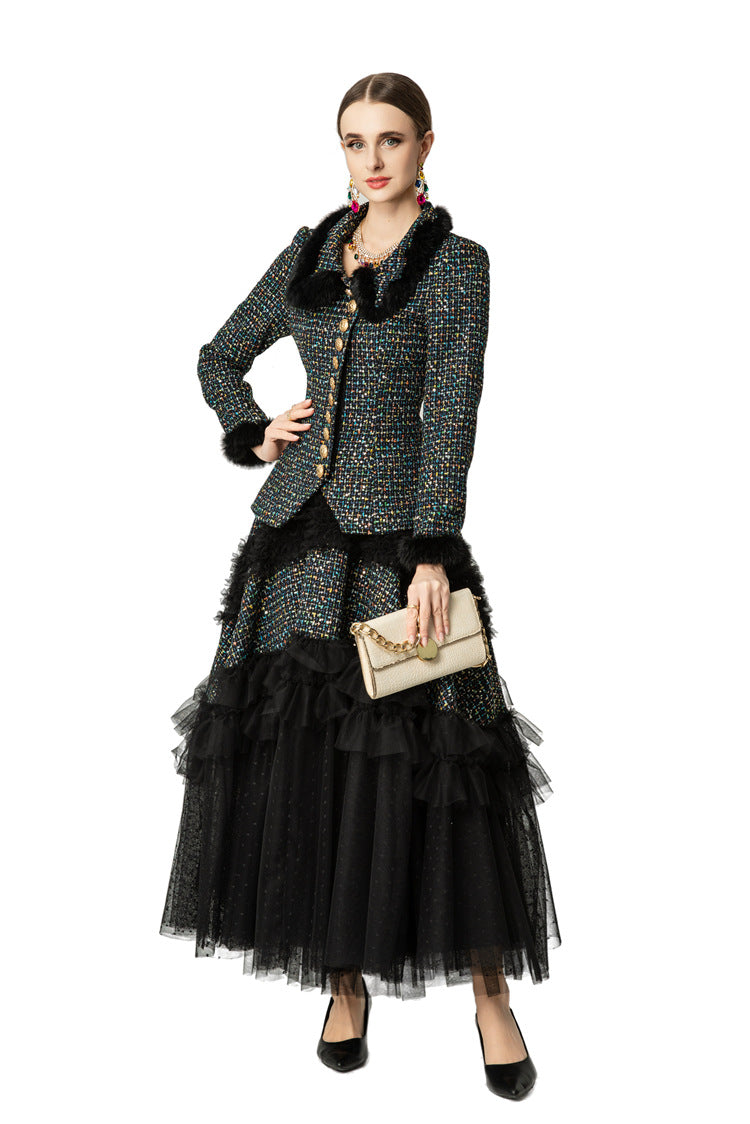 Tweed Faux Fur Trim Jacket & Tiered Tulle Skirt Two-Piece Set SP10051