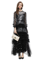 Black Sequin Beaded Tiered Tulle Maxi Evening Gown SP10031