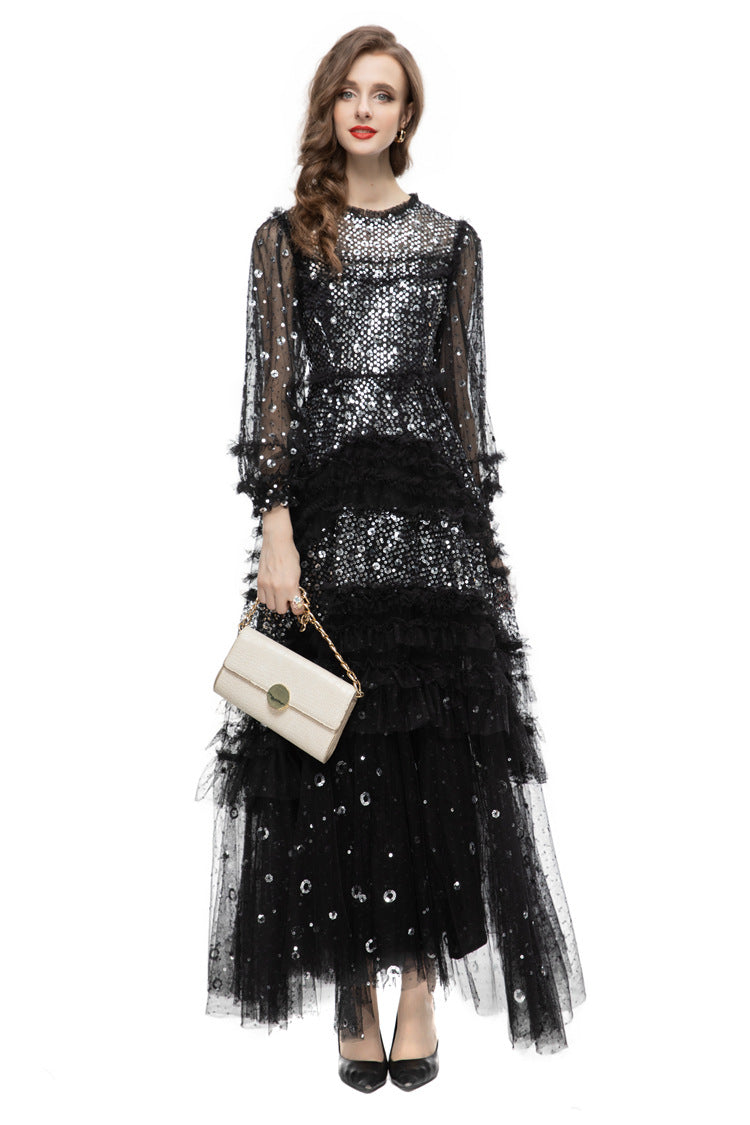 Black Sequin Beaded Tiered Tulle Maxi Evening Gown SP10031