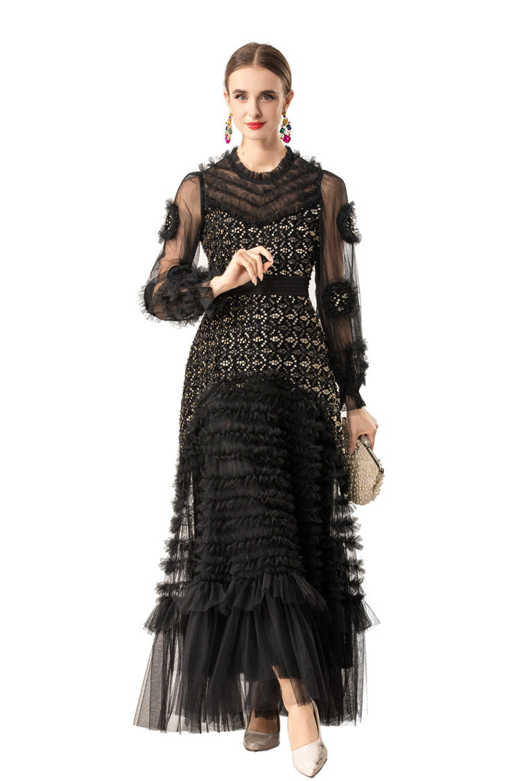 Sequin Embellished 3D Floral Tiered Tulle Maxi Dress SP10086
