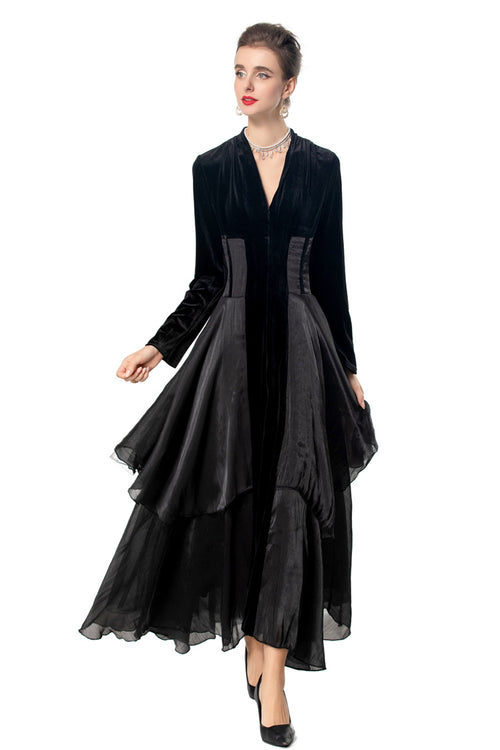 Black Velvet Layered Organza Maxi Dress – French Elegant Evening Gown SP10009