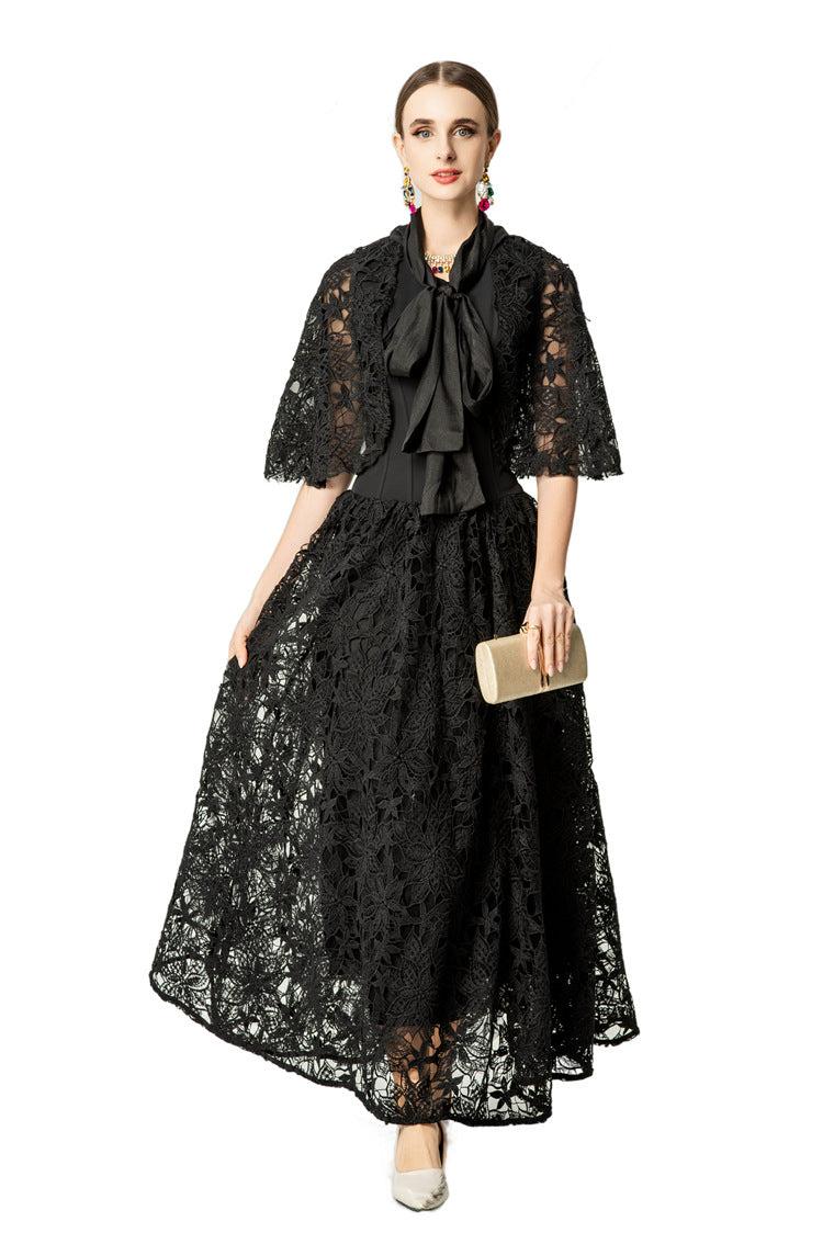 Satin Lace Patchwork Bow Tie Flare Sleeve Maxi Dress SP10057