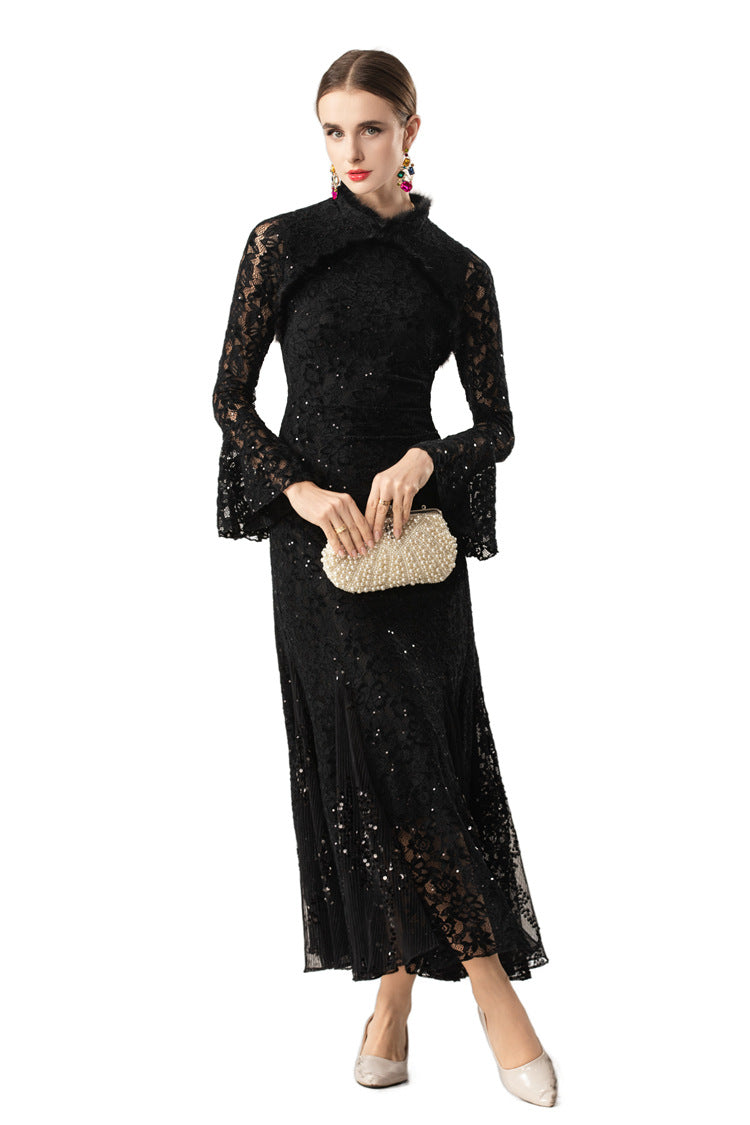 Furry Collar Sequin Lace Mermaid Maxi Dress SP10073