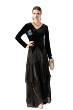 Velvet Satin Asymmetrical Tiered Maxi Dress with Floral Brooch SP10081