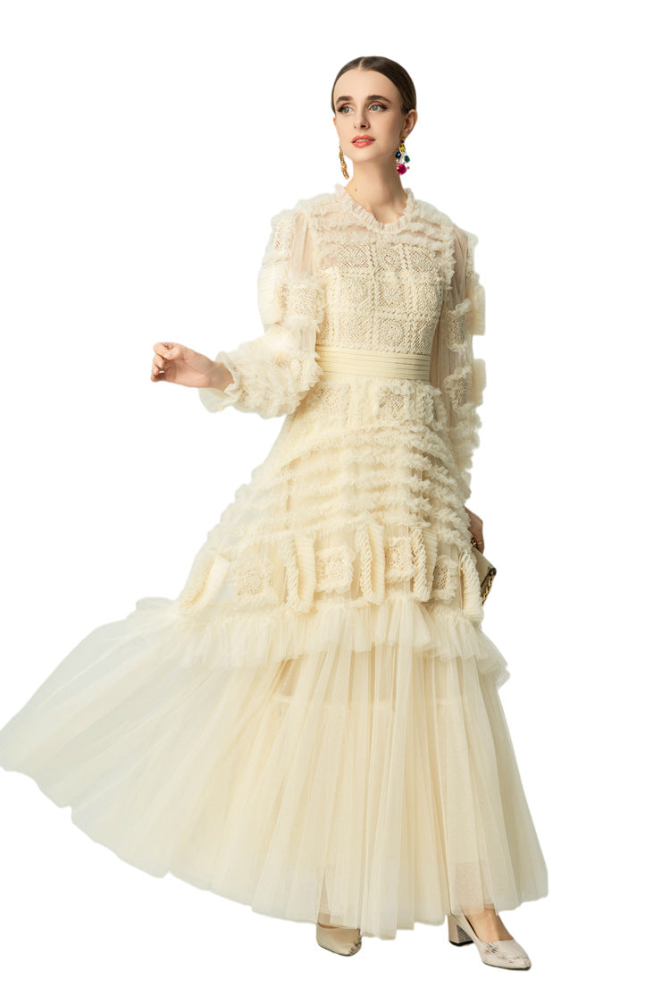 Cream Crochet Lace Tiered Tulle Cake Dress SP10063