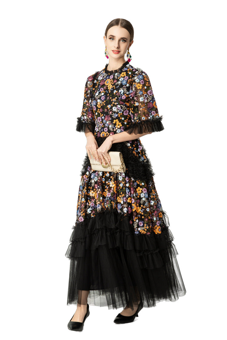 Colorful Floral Embroidered Ruffled Tulle Midi Dress SP10038