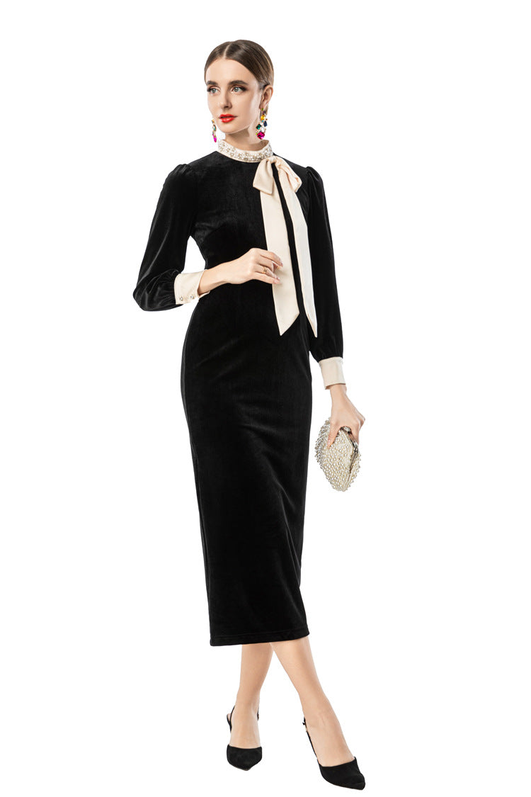 Women's Black Velvet Midi Dress with Pearl Collar & Contrast Bow Tie SP10108
