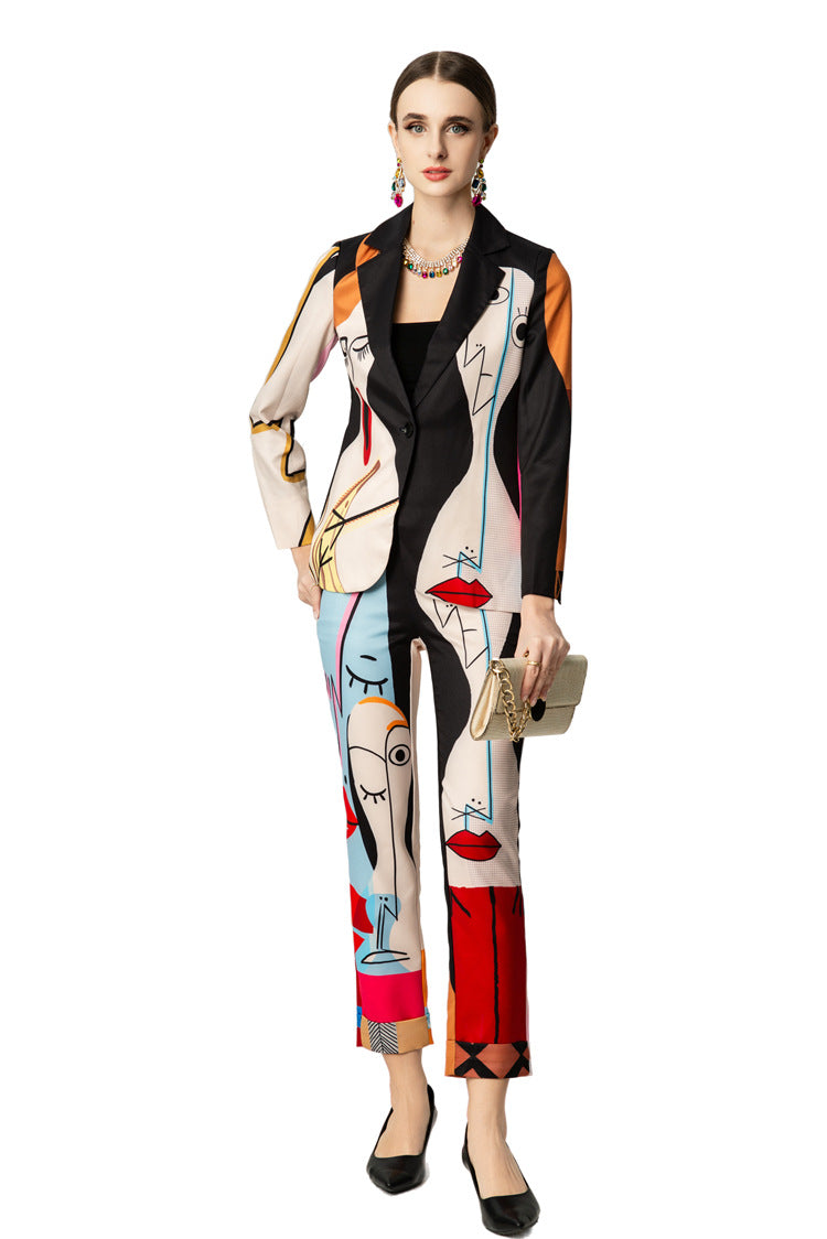 Abstract Face Print Blazer & Cropped Pants Two-Piece Set SP10052