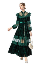 Women's Vintage Court Style Velvet Maxi Dress, Ruffle Lace Hollow Out Patchwork Long Sleeve Pearl Button Formal Evening Gown SP10103