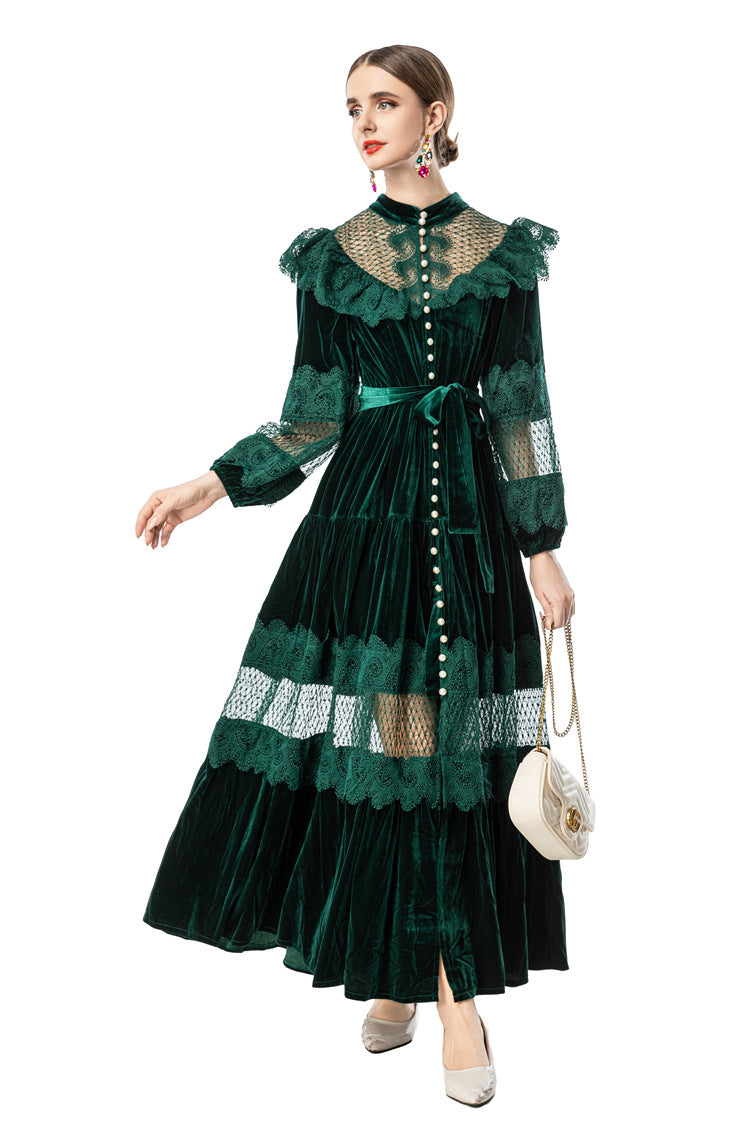 Women's Vintage Court Style Velvet Maxi Dress, Ruffle Lace Hollow Out Patchwork Long Sleeve Pearl Button Formal Evening Gown SP10103