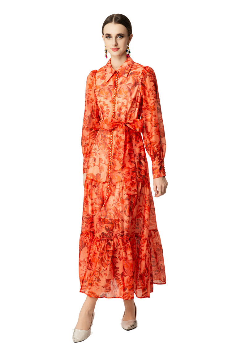 Orange Floral Print Collared Tiered Ruffle Maxi Dress SP10047