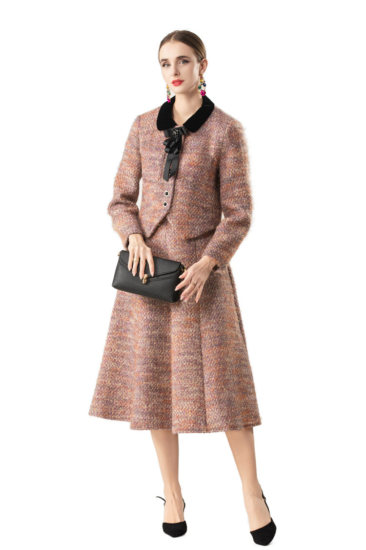 Velvet Collar Tweed Jacket & A-Line Skirt Two-Piece Set SP10082