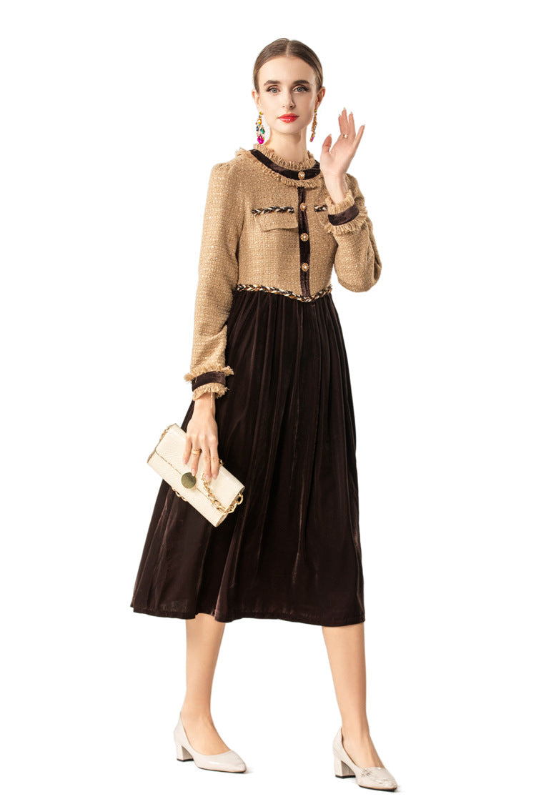 Frayed Collar Tweed Velvet Patchwork Midi Dress SP10072