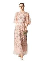 Pink Floral Bird Embroidered Tulle Flutter Sleeve Maxi Dress SP10035
