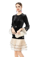 Women's French Style Velvet Dress, Round Neck Pearl & Flower Embellished Top with Satin Layered Ruffle Hem, Long Sleeve Cocktail Party Dress SP10102