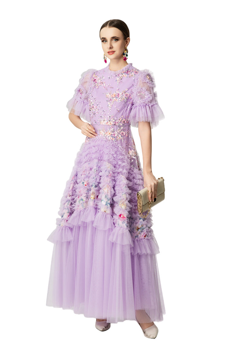 Lavender Floral Embroidery Sequin Tiered Tulle Maxi Dress SP10046