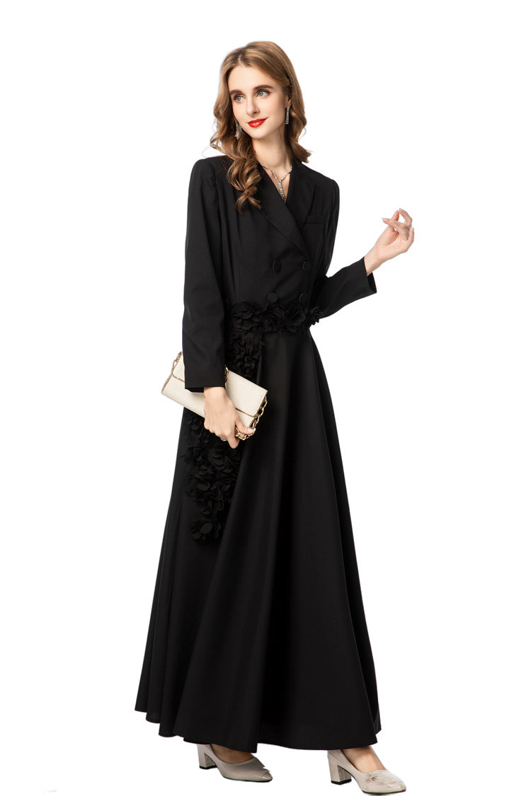Black Suit Fabric Floral Applique A-Line Maxi Dress SP10022