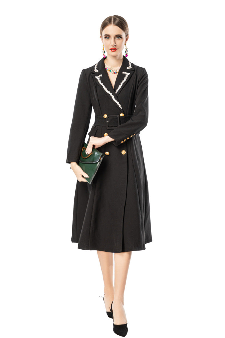 Black Blazer Dress with Braided Trim Lapel & Gold Double Breasted Buttons SP10115