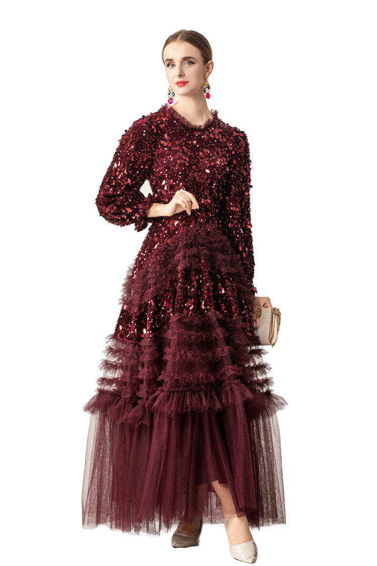 Burgundy Sequin Ruffled Tulle Tiered Maxi Evening Dress SP10016