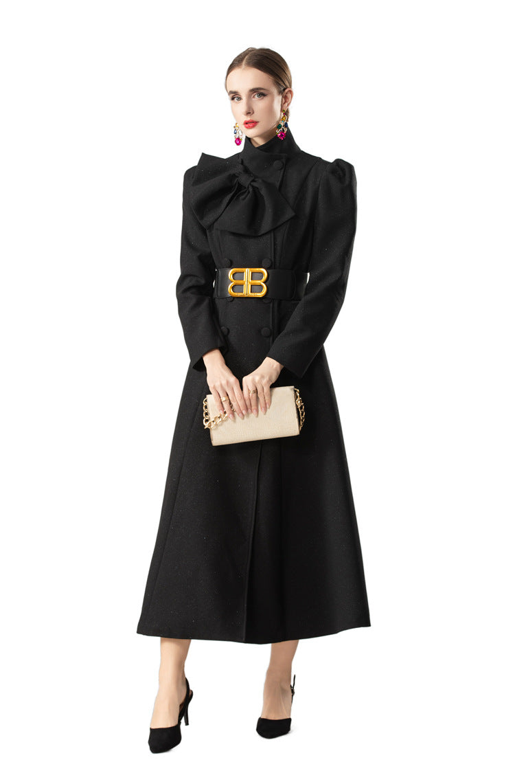 Bow Neck Puff Sleeve Double-Breasted Maxi Coat Dress SP10089