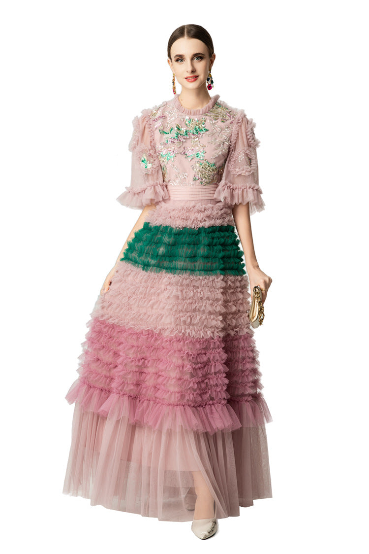 Pink Green Floral Embroidery Tiered Tulle Maxi Dress SP10049