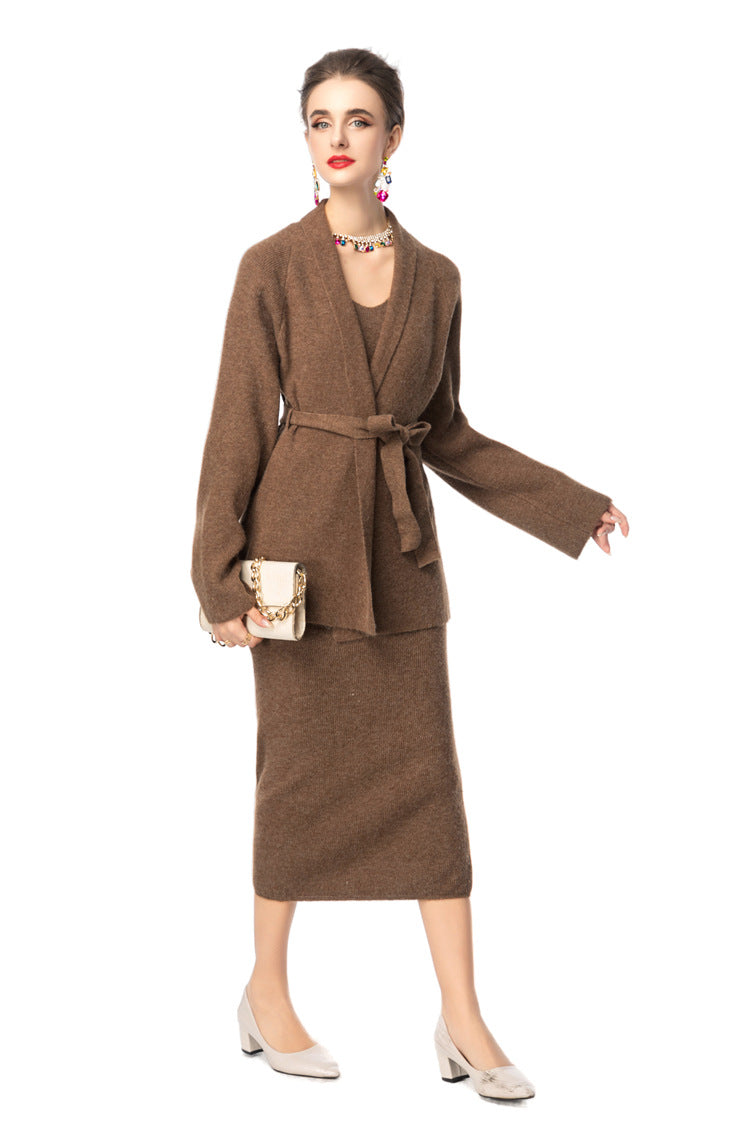 V-Neck Knit Dress & Tie-Waist Cardigan Two-Piece Set SP10098