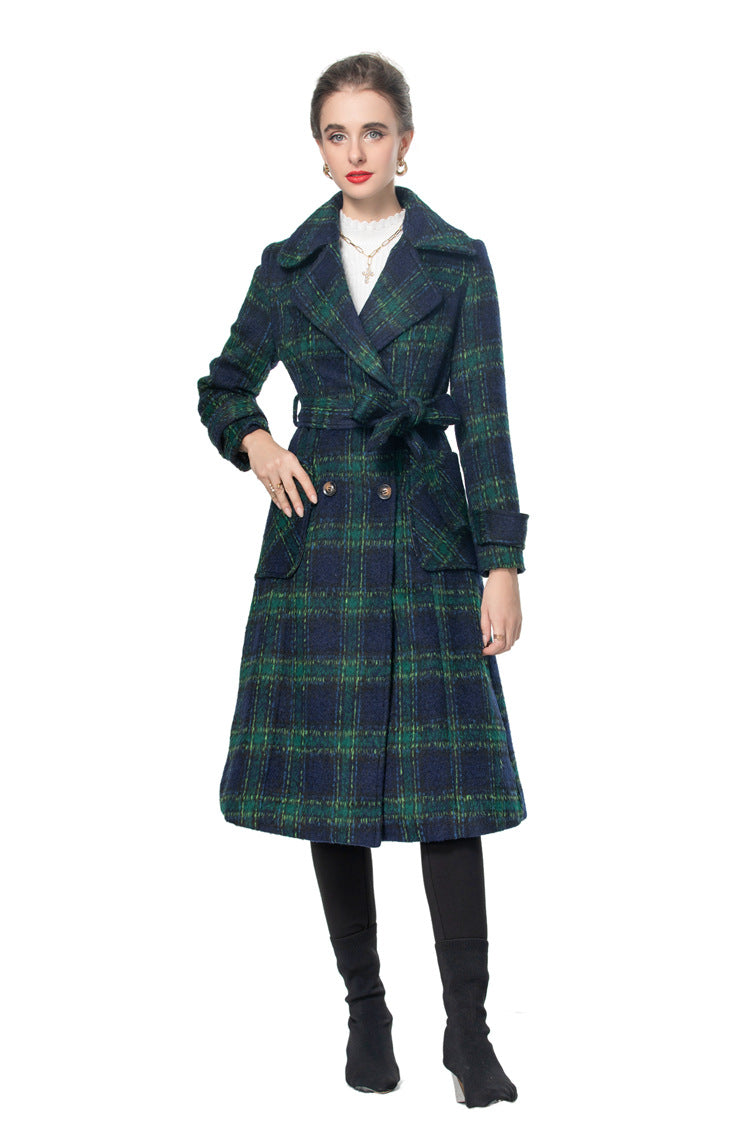 British Style Plaid Wool Blend Long Coat with Belt – Vintage Luxury Overcoat SP10003