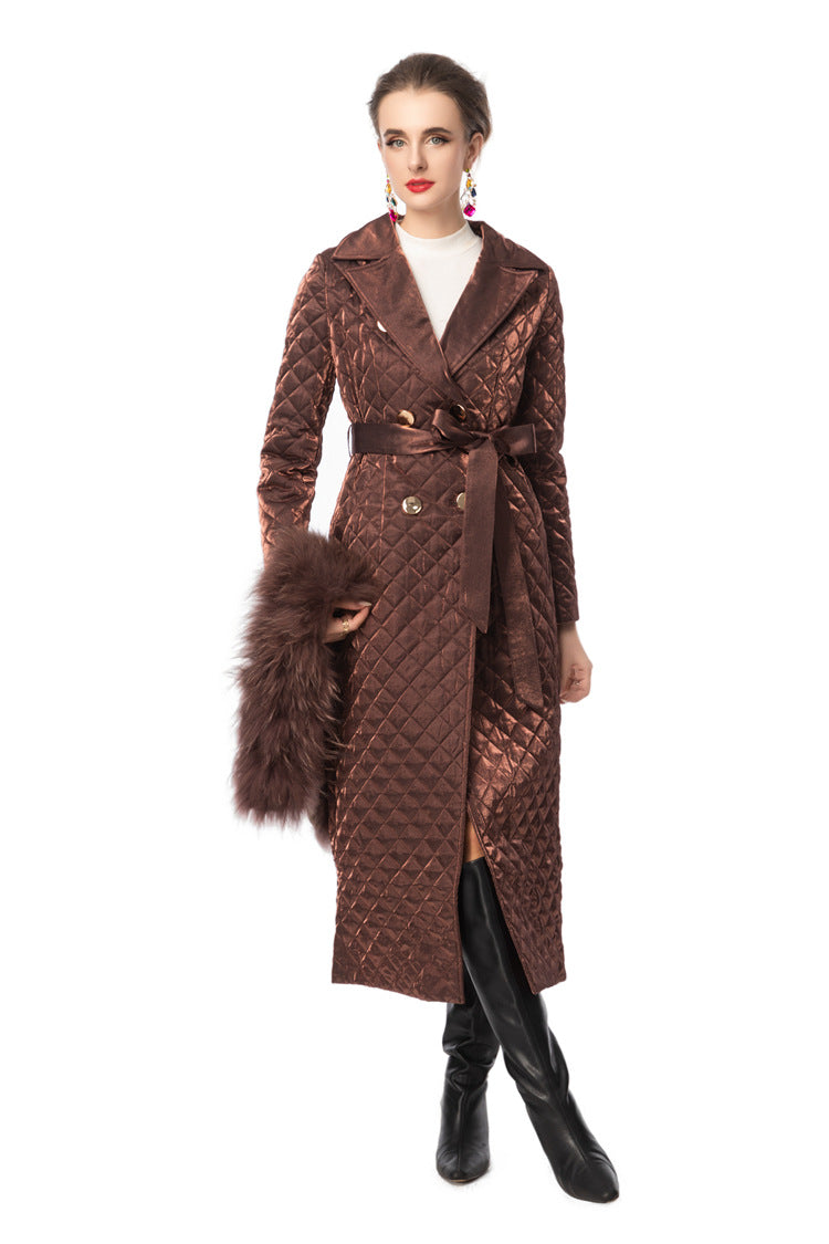 Detachable Fur Collar Quilted Velvet Maxi Coat SP10100