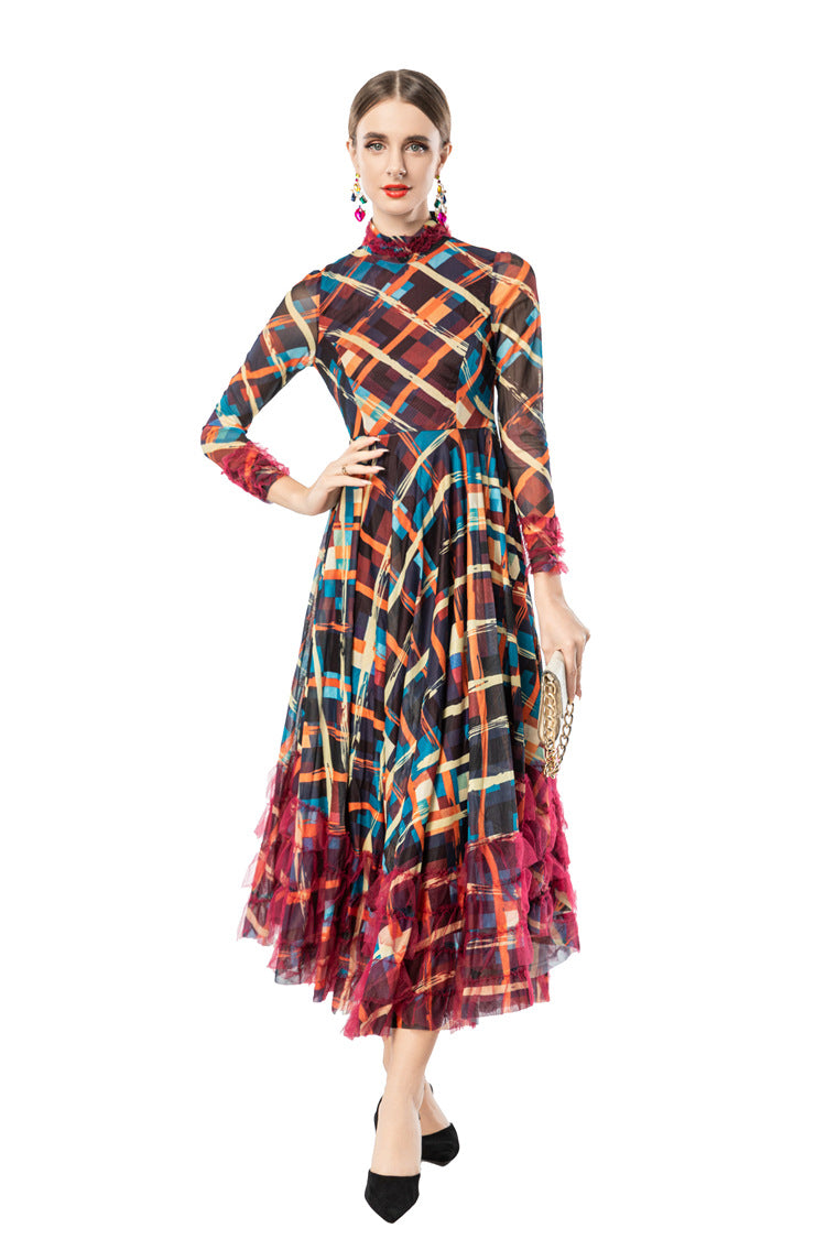 Ruffled Neck Plaid Print Tiered Tulle Maxi Dress SP10091