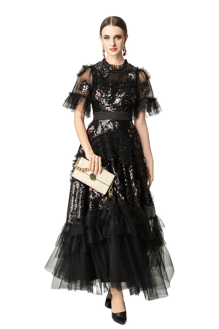 Sequin Floral Embroidered Tiered Tulle Maxi Dress – Ruffled Neck SP10037