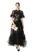 Sequin Floral Embroidered Tiered Tulle Maxi Dress – Ruffled Neck SP10037