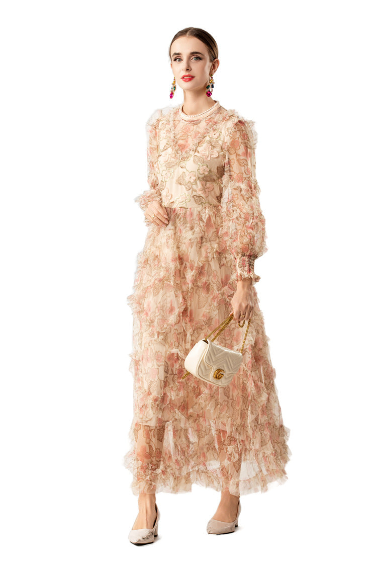 Pearl Trim Floral Embroidered Tiered Tulle Maxi Dress SP10085