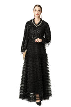 Black Sequin Fringed Tiered Tulle Maxi Dress SP10050