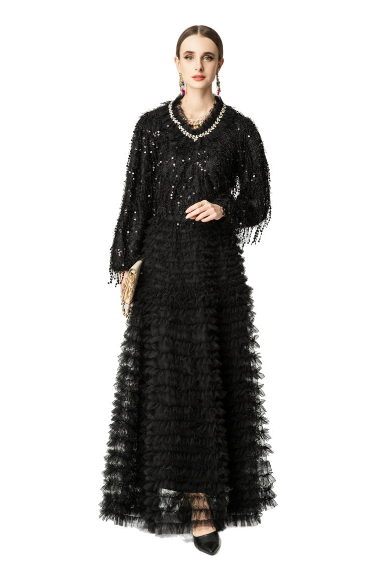 Black Sequin Fringed Tiered Tulle Maxi Dress SP10050