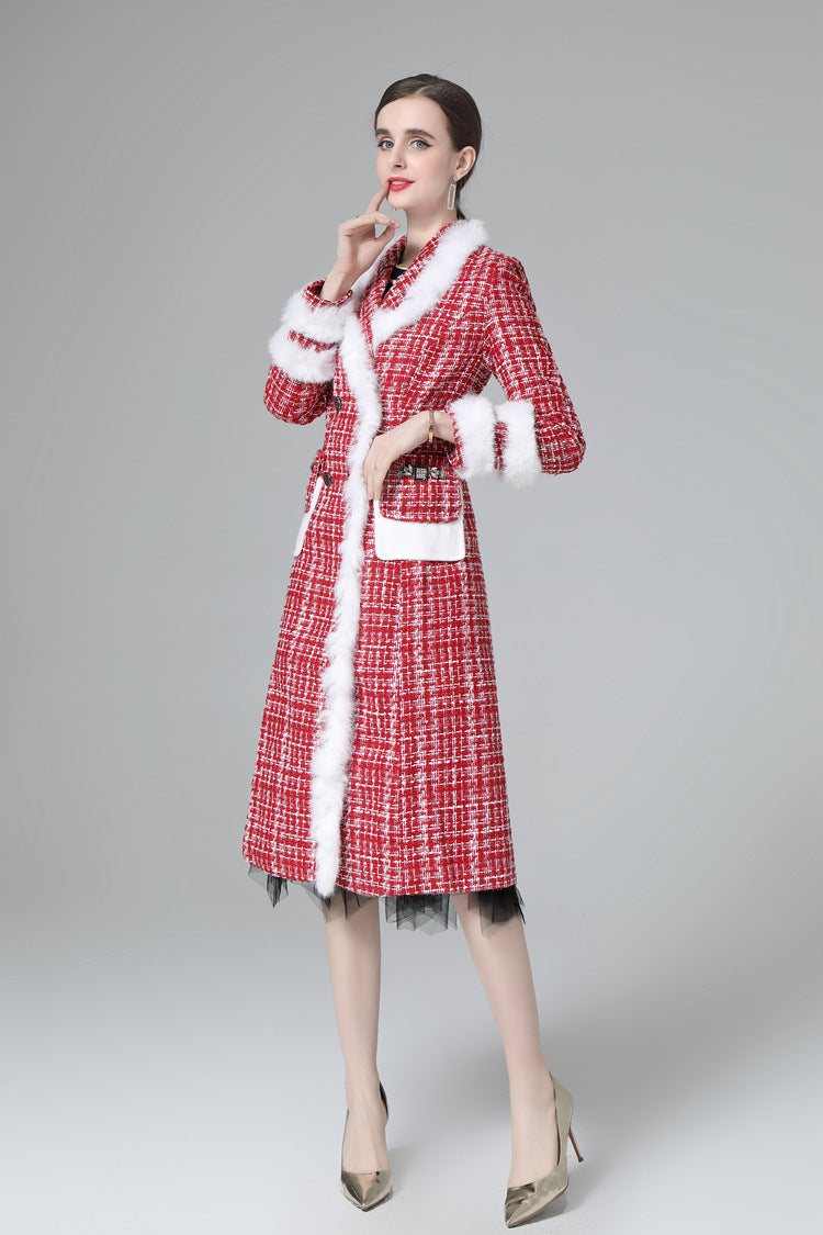 Plaid Tweed Faux Fur Trim Double Breasted Midi Coat SP10033