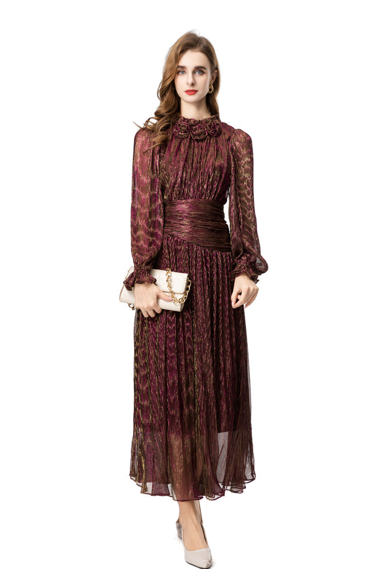 Burgundy Metallic Thread Ruched Waist Maxi Dress with Beaded Neckline