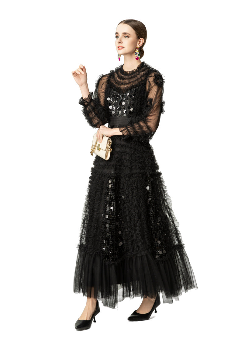 Black Sequin Ruffled Tiered Tulle Maxi Dress SP10062