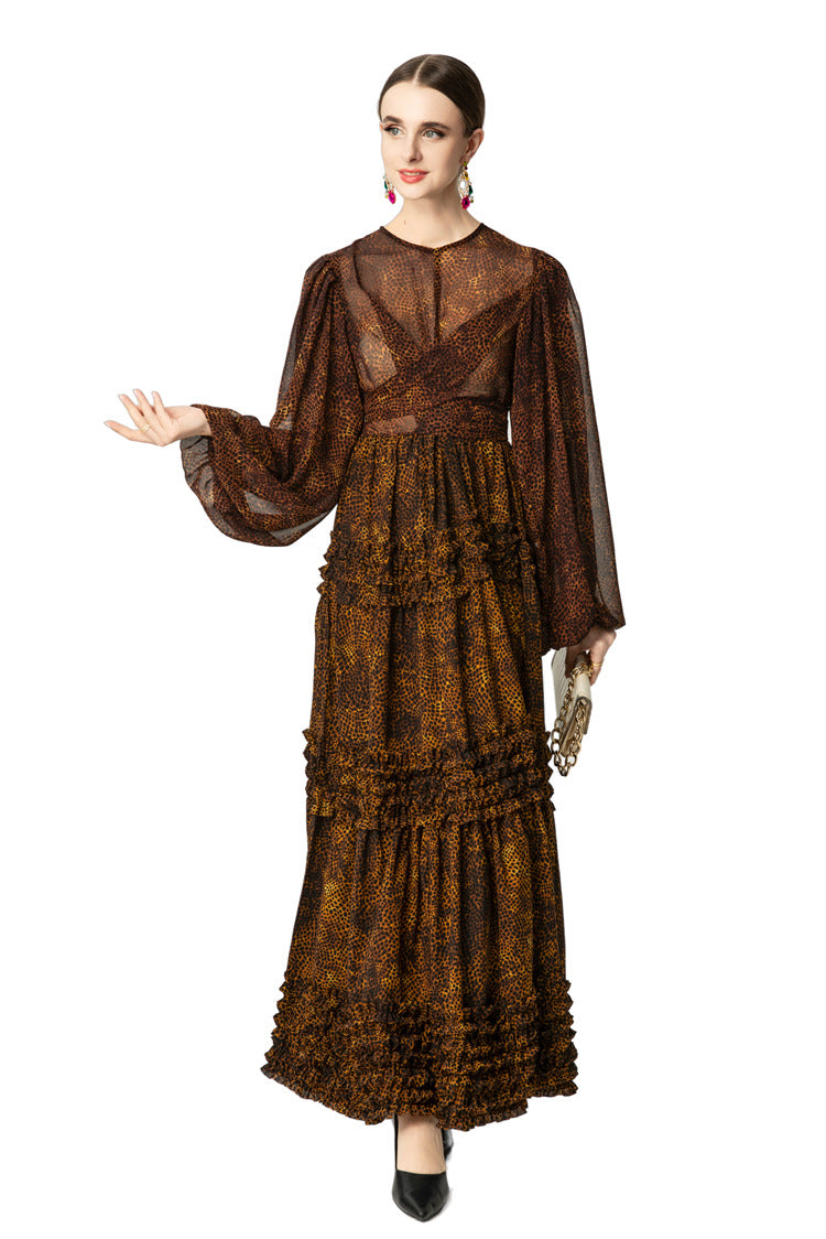 Leopard Print Tiered Ruffle Chiffon Maxi Dress SP10039